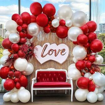 WellParti Red, Pearl White Valentine's Day Balloon Arch Kit, Wedding Decoration, Valentine's Day Decoration, Wedding Decoration, Proposal, Engagement Decoration, Anniversary Decoration, Bridal Gift Party, New Year, Festival Decoration Supplies,Valentine Day Balloon Arch,Red And Gold Balloons,Red And White Party Decor