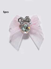 QPRETTY DU 5 piezas de adorno de uñas con doble lazo de cristal, gota cuadrada gruesa blanca y rosa, con terminado de malla doble y perforación