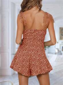 Women's Boho Floral Wide Leg Short Romper Spaghetti Strap Smocked Jumpsuit - 紅色 - 查看 3