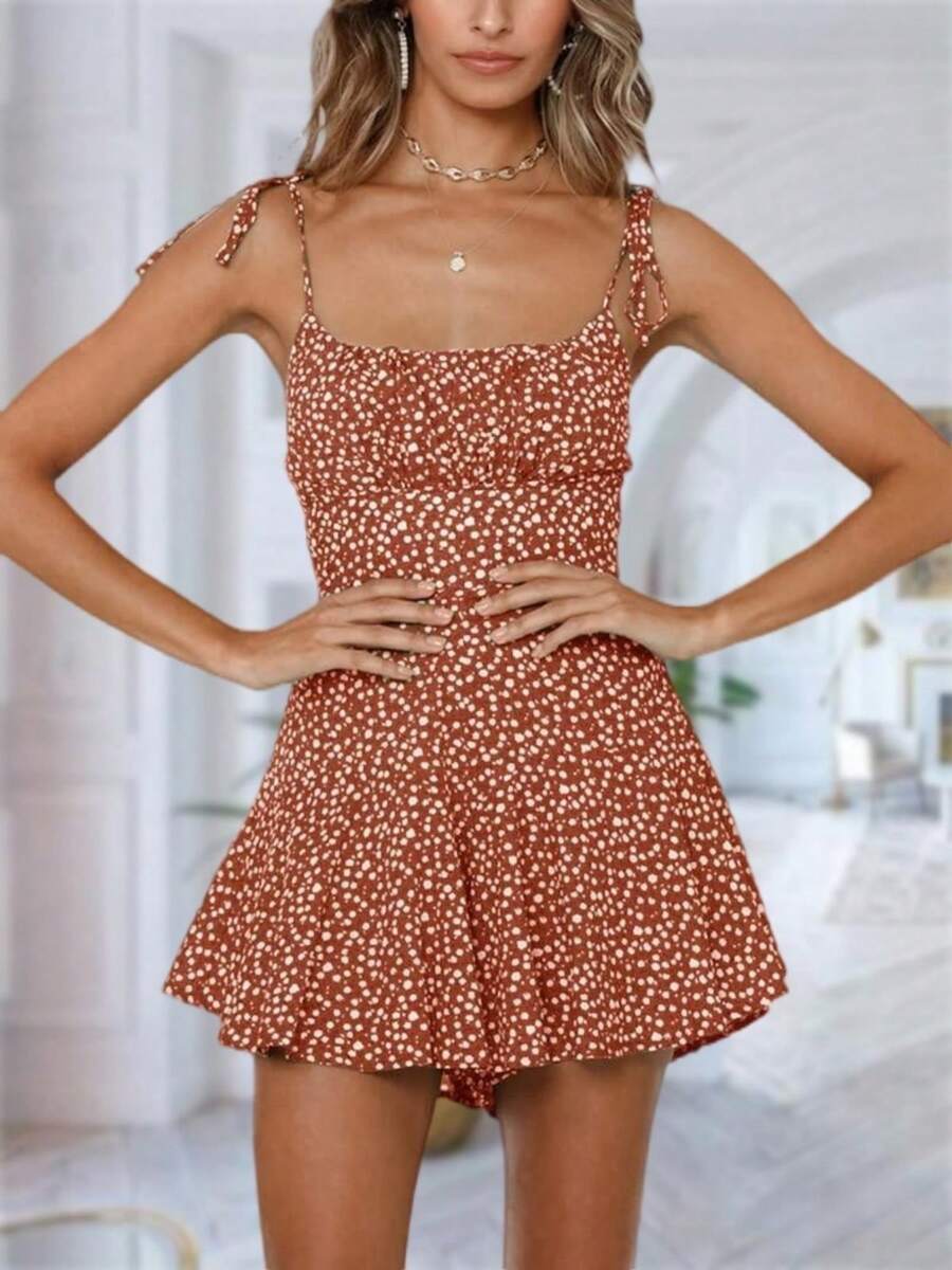 Women's Boho Floral Wide Leg Short Romper Spaghetti Strap Smocked Jumpsuit - 紅色 - 查看 1