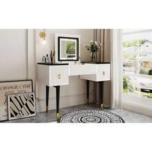 43.3" Modern Vanity Table Set With Flip-Top Mirror And LED Light, Dressing Table With Customizable Storage, White And Black