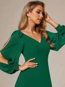 Spring Split Sleeve Split Thigh Chiffon Green Bridesmaid Dress For Wedding - Dark Green - View 6
