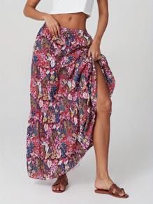 Women's Boho Maxi Skirts Vintage Floral Elastic High Waist A-Line Flowy Skirts Tiered Long Swing Skirts With Pockets Casual Bohemian Clothes For Summer Holiday Beach Vacation Outfit - Hồng - Xem 4