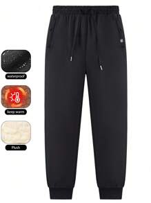 GRIM PANDA Winter Men's Thermal Lined Thick Long Pants, 1pc, With Zipper Pockets Outdoor Sports Cold-Proof Warm Pants, Suitable For Daily Casual, Hiking - Black - View 2