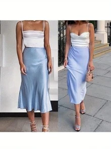 Women's Y2K Summer High Waist Skirt Solid Color Long Satin Skirt For Travel, Beach, Shopping - 淺藍色 - 查看 2