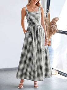 Women's Summer Long Skirt With Waist Waist And Thin Shoulders Plaid Square Collar A-Line Pleats Casual Holiday Sundress - 黑色 - 查看 5