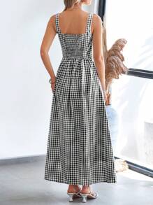 Women's Summer Long Skirt With Waist Waist And Thin Shoulders Plaid Square Collar A-Line Pleats Casual Holiday Sundress - 黑色 - 查看 2