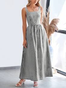 Women's Summer Long Skirt With Waist Waist And Thin Shoulders Plaid Square Collar A-Line Pleats Casual Holiday Sundress - 黑色 - 查看 4