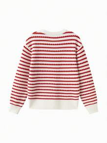 Balabala Young Girl Tween Girls' Long Sleeve Sweet Knit Sweater, Stylish Spring Stripe Casual Sweaters - White Red - View 5