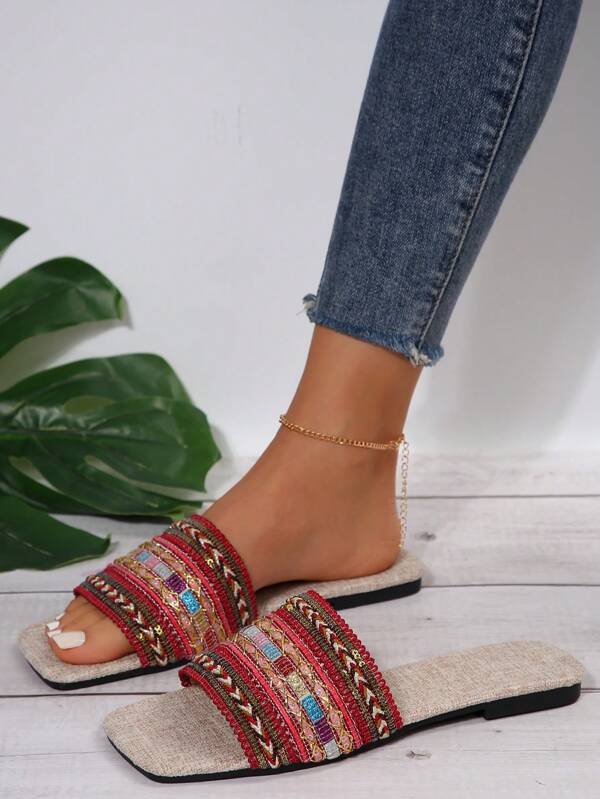 Women's Striped Square Toe Flat Sandals, Vacation Style Fabric Flat Sandals In Multiple Colors