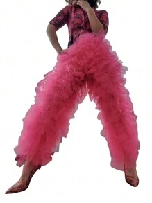 Women Cute Tulle Pants, Solid Color Patchwork Multi-Layer Ruffle Yarn High Waist Female Trousers - Pink - View 3