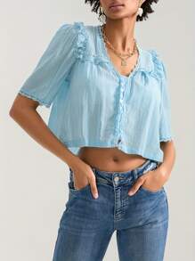 Women Short Sleeve Shirts Lace Ruffles Buttons Blouses Summer Loose Casual Tops - 藍色 - 查看 4