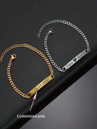 Das außergewöhnliche Markenzeichen ist auf ein rostfreies Stahlarmband mit Kubakette eingraviert, ein handgefertigtes Accessoire, das speziell für Paar angefertigt wurde, und ein Armband mit Herzsymbol