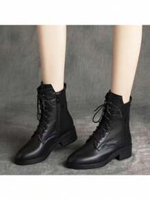 女士纯色踝靴系带战斗靴休闲户外步行鞋 - 黑色 - 查看 3