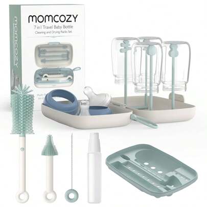 Momcozy Momcozy Protable Bottle Brush Set - Baby Bottle Cleaner Kit With Silicone Brush, Nipple Brush, Straw Brush, Soap Dispenser, Drying Rack - 6 In 1 Bottle Cleaning Tool For Home And Travel