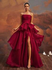 VIPGIRL Elegant Burgundy Strapless Bow-Tiered High Slit Gown, Floor-Length Formal Evening Dress, Women's Prom Dress, Chic Cocktail Party Dress, Glamorous Banquet Gown, Women Formal & Evening Dresses, Wedding Guest Dress - Đỏ - Xem 7