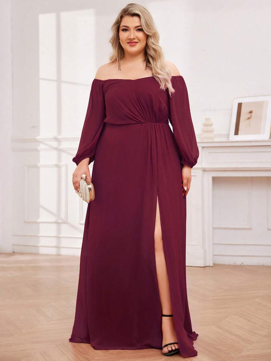 EVERPRETTY 加露肩灯笼袖高开叉酒红色伴娘礼服春季正式礼服