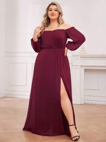 EVERPRETTY 加露肩灯笼袖高开叉酒红色伴娘礼服春季正式礼服