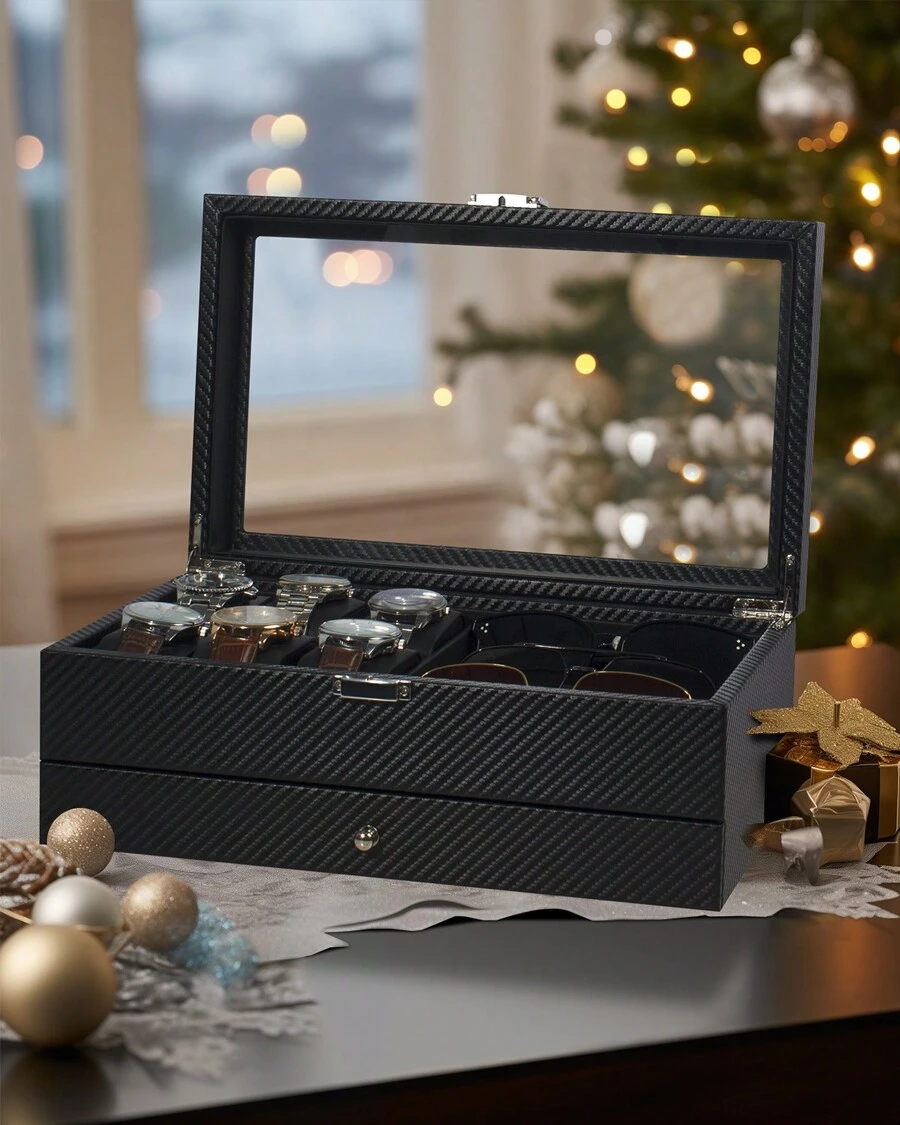 GUKA Watch Box, 6 Slot Watch Case, 3 Slot Sunglass Organizer, Watch Cases For Men With Real Glass Lid, Watch Organizer Storage With Jewelry Case, Birthday For Men And Women, Back To School Dormitory Storage