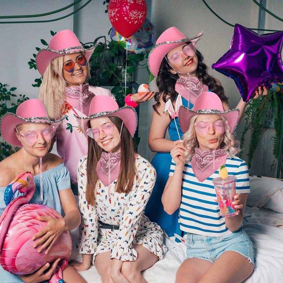 3Pcs/Set Holiday Party Brimmed Silvery Edge Cowboy Hat - With Transparent Heart Glasses, Square Scarf, And Single Party Cowboy Hat, Party Role Playing Decor Accessories Suitable For Men And Women, Holiday Party Supplies - Multicolor - View 1