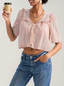Women Short Sleeve Shirts Lace Ruffles Buttons Blouses Summer Loose Casual Tops - 粉色 - 查看 3