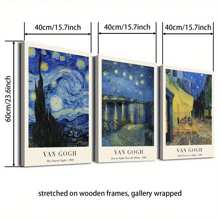 Van Gogh Inspired 3pcs Canvas Wall Art Set - Retro Impressionist Prints, Wood Framed, Perfect For Living Room, Bedroom, Home Office Decor - Blue - View 1