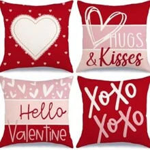 4 件情人节 Hello Valentine 拥抱和亲吻抱枕套，红心 XOXO 条纹装饰农舍婚礼靠垫套适用于家居沙发装饰 - 彩色 - 查看 5