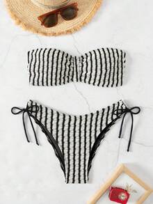 Women Textured Fabric Bikini Swimwear Set Summer - Multicolor - View 2