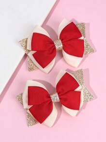 2PCS Christmas Hair Bows Hair Clip Ribbed Duck Billed Clip Color Contrasting Hair Clip For Girls And Teen Fashion Cute Party Hairpins - Multicolor - View 12