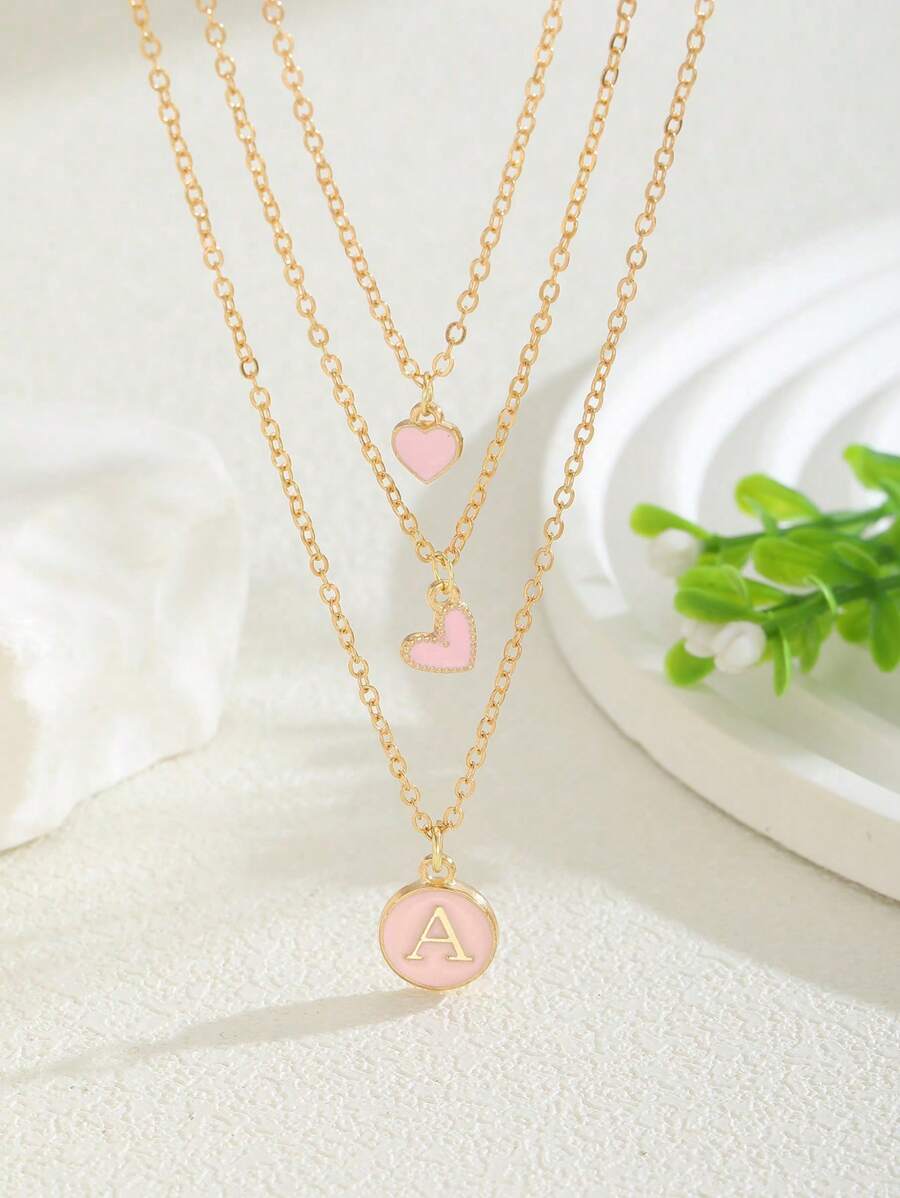 3件套甜美粉色字母爱心吊坠项链，适合儿童、女孩、家人、朋友、派对、宴会、街头、夏季海滩度假、儿童生日礼物 - 粉色 - 查看 1