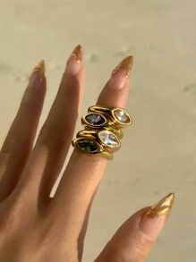 Anel de Pedra Preciosa Ouro 18K, Anel de Sinete, Anel de Cristal Solitário Ouro, Anel Declarativo, Presente para Ela no Dia dos Namorados