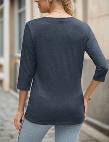hoteel Women's V Neck 3/4 Sleeve T-Shirt Basic T-Shirt Loose Fit Tops - Màu xanh hải quân - Xem 2