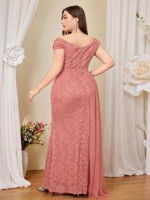 Plus Elegant Deep V-Neck Floral Lace Contrast Mesh Draped Side Split Thigh Formal Party Long Dress, Valentine's Day Dress, Summer Dress, Wedding Guest Dress, Prom Evening Gown, For Graduation, Dinner, Homecoming Dress - Dusty Pink - View 3