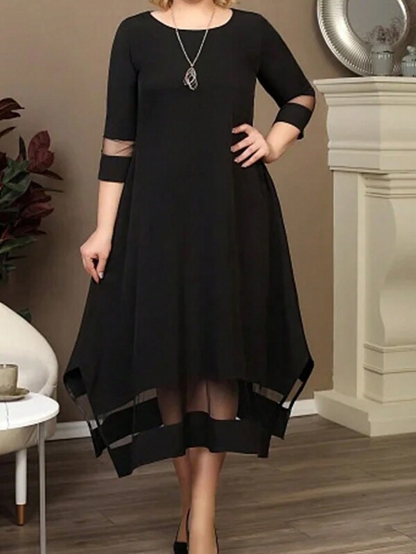 Jeanswest Jeanswest Women's Plus Size Dress Black Elastic Knitted Mesh Splicing Plus Size Medium Length Skirt