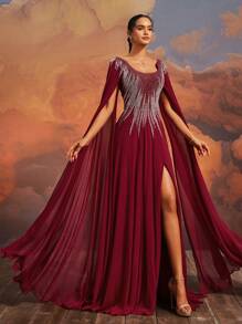 VIPGIRL Luxurious Nude Burgundy Cape Sleeve Evening Gown With Beaded Bodice And Lace-Up Back Women Formal & Evening Dresses, Elegant Prom Dresses For Women, Party Dress, Wedding Guest Dress - Burgundy - View 7