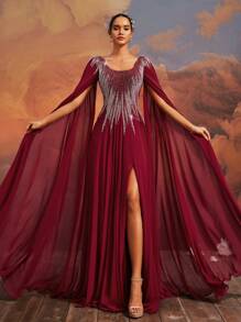 VIPGIRL Luxurious Nude Burgundy Cape Sleeve Evening Gown With Beaded Bodice And Lace-Up Back Women Formal & Evening Dresses, Elegant Prom Dresses For Women, Party Dress, Wedding Guest Dress - Burgundy - View 4