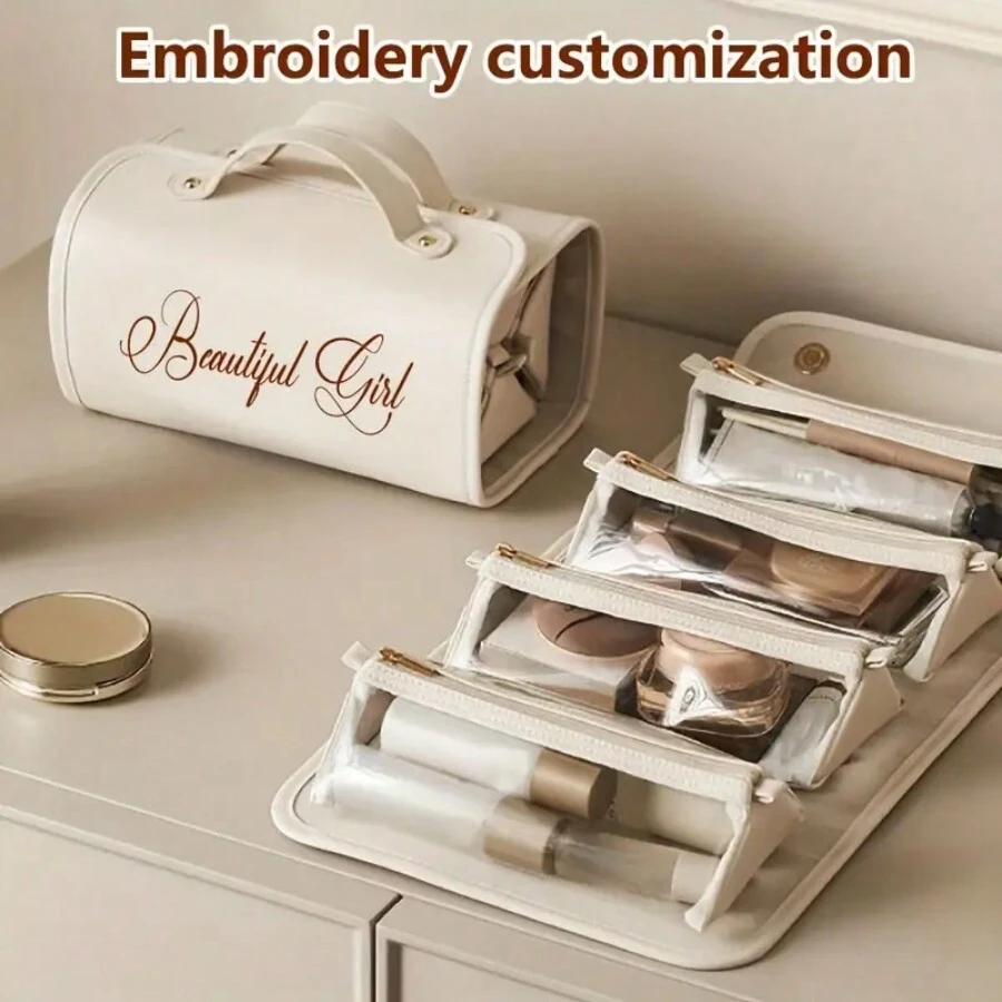 1pc Customizable 4-In-1 Folding Large Capacity Makeup Bag For Women, Multi-Functional Travel Organizer Pouch, Portable Toiletry Case, Travel Accessory, PU Material, Waterproof, Odorless, Perfect Gift For Mom/Wife, Customized Embroidered Name For Christmas Gift, Cosmetic Bag, Ideal Present For Ladies,Boho Vibes