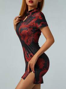 Women Cheongsam Dress, Frog Button Mock-Neck Dragon Short Sleeve Hollow Hip Dress, Ladies Party/Bar/Club Split Short One-Piece - Rojo - Ver 8