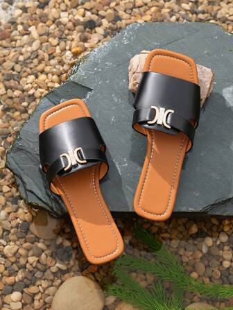 女士水钻装饰拖鞋，夏季休闲露趾平底拖鞋