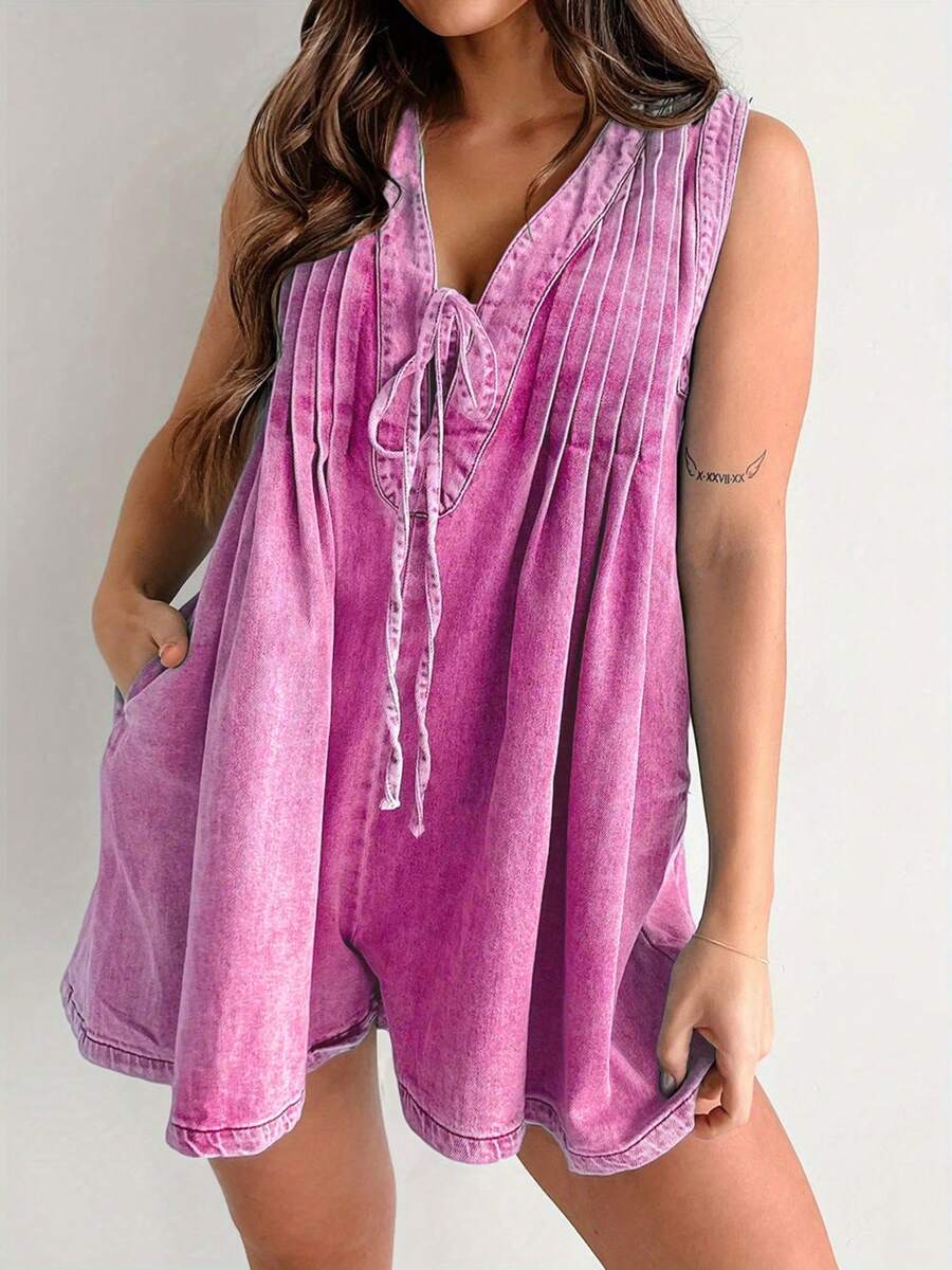 Women's Denim Romper Shorts Sleeveless Casual V-Neck Tie Front Jean ...