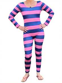 Women's Cheshire Cat Halloween Costume Pink Purple Striped Long Sleeve Jumpsuit Cosplay Outfit - Purple - View 2