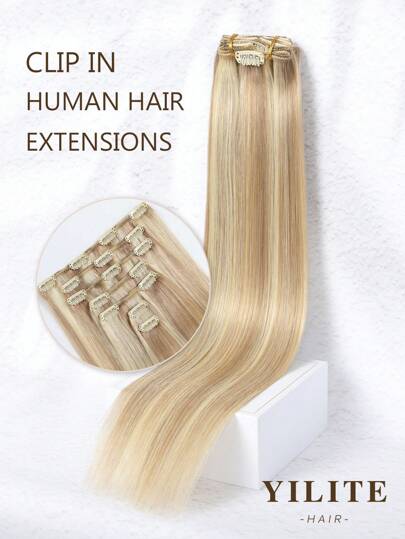 Yilite Hair Extensions Clip Ins 14-20 Inch 7pcs Ash Blonde Highlighted Bleach Blonde Clip In Hair Extensions Human Hair Straight Clip In Hair Extensions Real Human Hair Double Weft (14-20 Inches #P18/613 Ash Blonde Highlighted Bleach Blonde )