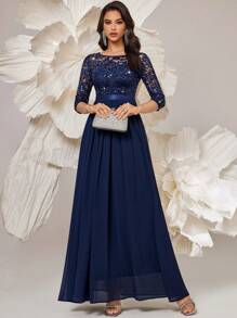 MIUSOL 优雅亮片花卉蕾丝七分袖荷叶边雪纺正式派对礼服 - 藏蓝色 - 查看 5