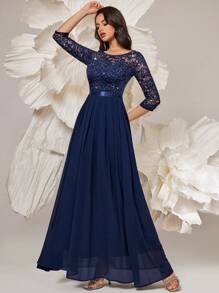 MIUSOL 优雅亮片花卉蕾丝七分袖荷叶边雪纺正式派对礼服 - 藏蓝色 - 查看 7