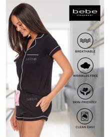 Bebe Pajama Set For Women, Stretch Rayon Knit Short Sleeve PJs For Women Set, Ladies Pajamas Sets - Black - View 3