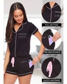 Bebe Pajama Set For Women, Stretch Rayon Knit Short Sleeve PJs For Women Set, Ladies Pajamas Sets - Black - View 2