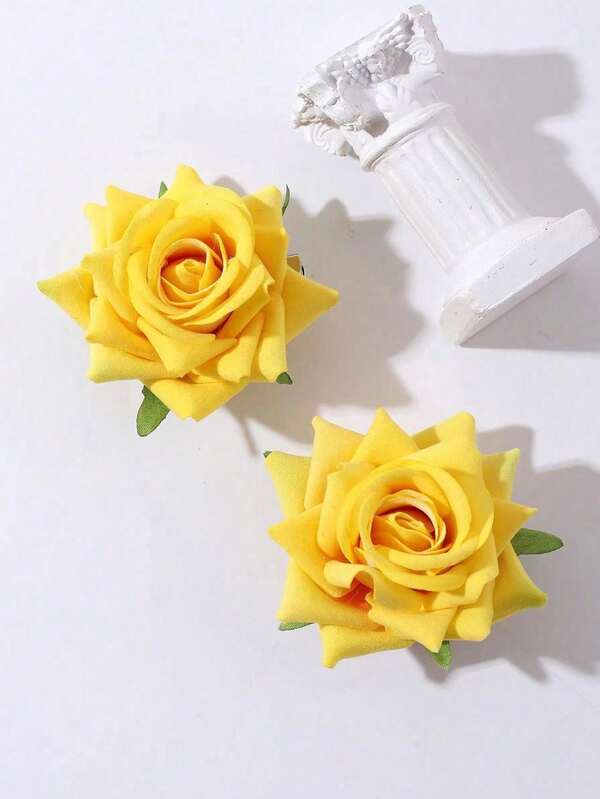 2pcs Yellow Rose Flower Print Bohemian Elegant Lovely Party Valentine's Day Dual Use Hair Clip & Brooch, Claw Clips