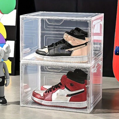 Magnetic Large Transparent Shoe Box, Hard Plastic Material, Stackable, Shoe Box/Shoe Storage Organizer, With Door, Thick Side-Opening Shoe Box, Suitable For Displaying Sports Shoes, Easy To Assemble, Also Can Be Used For Storing Dolls/Models/Garage Models Etc.