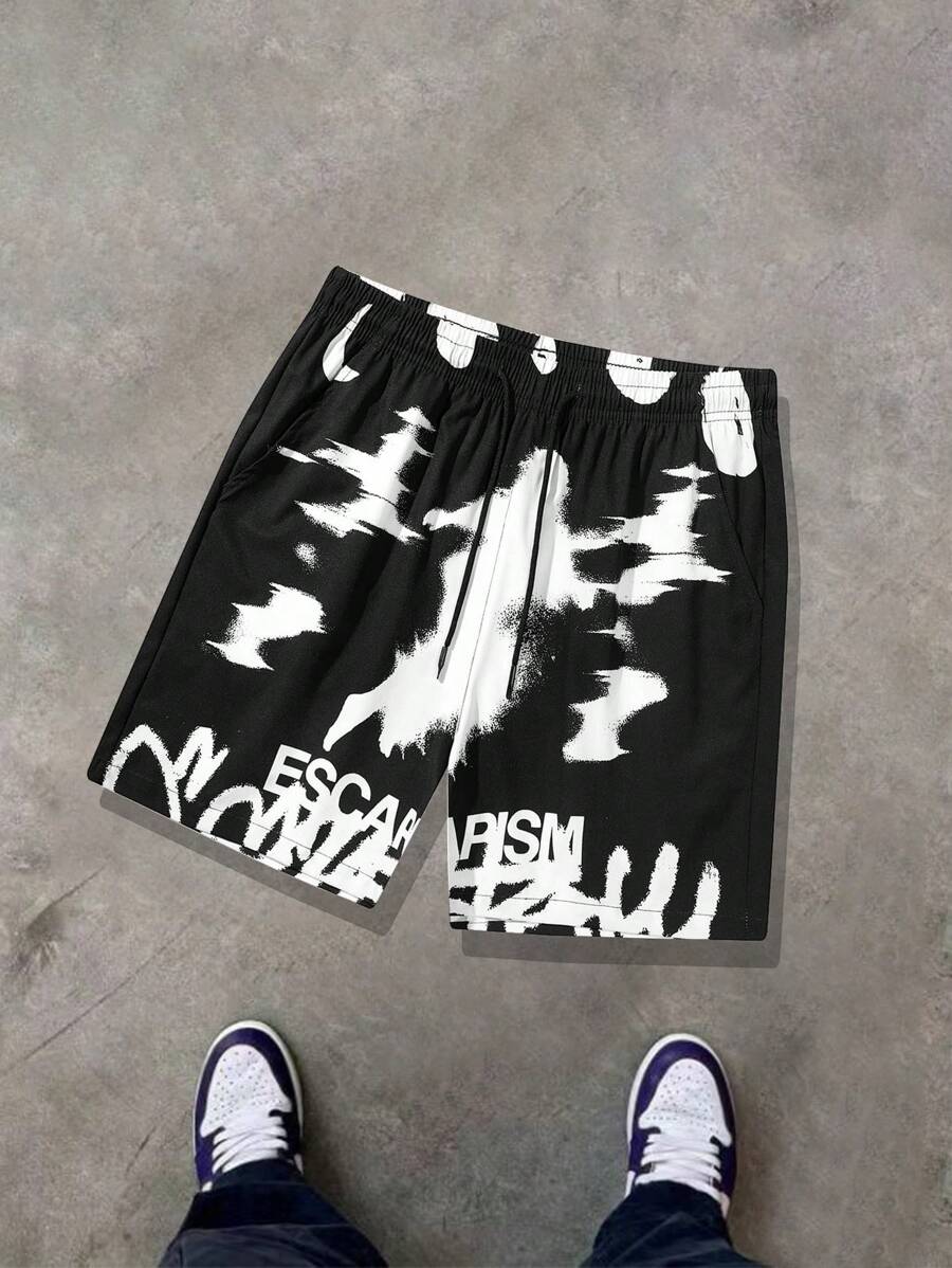 Men's Casual Ghost Print Beach Shorts - Black - View 1