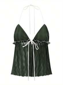 Women's Split Front Halter Tops Ruffle Detailing Backless Slim Fitted Crop Camisole - 軍綠色 - 查看 3